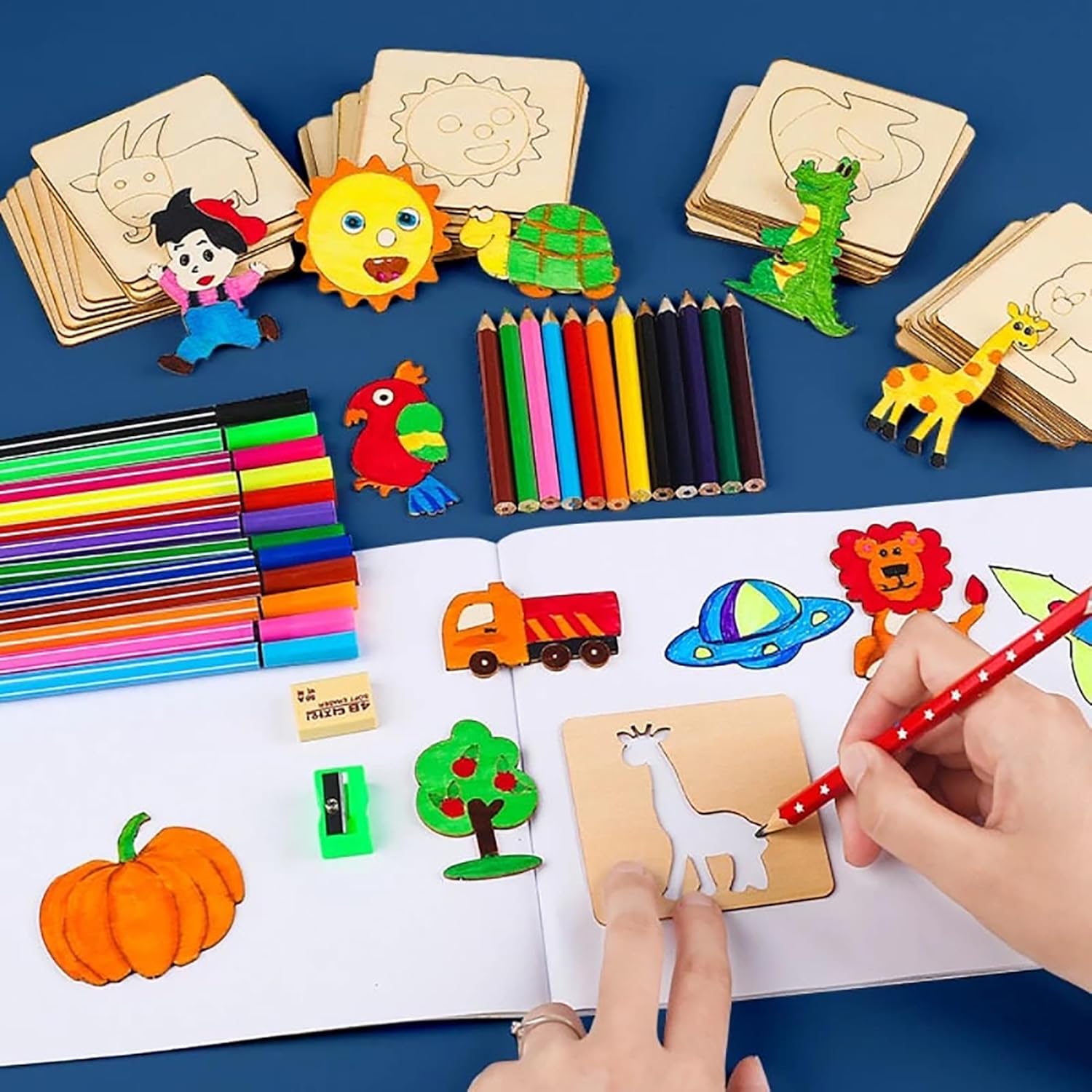 Coloring book with animal illustrations, colored pencils, and a child coloring a giraffe.