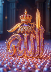 Decorative item with 'Allah' in gold and purple on a dark background
