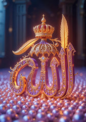 Decorative item with 'Allah' in gold and purple on a dark background