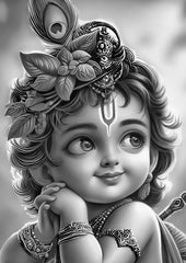 American Elm Baby Krishna HD Printed Aluminum Wall Art Black & White Spiritual Decor for Home Aluminum Sheet