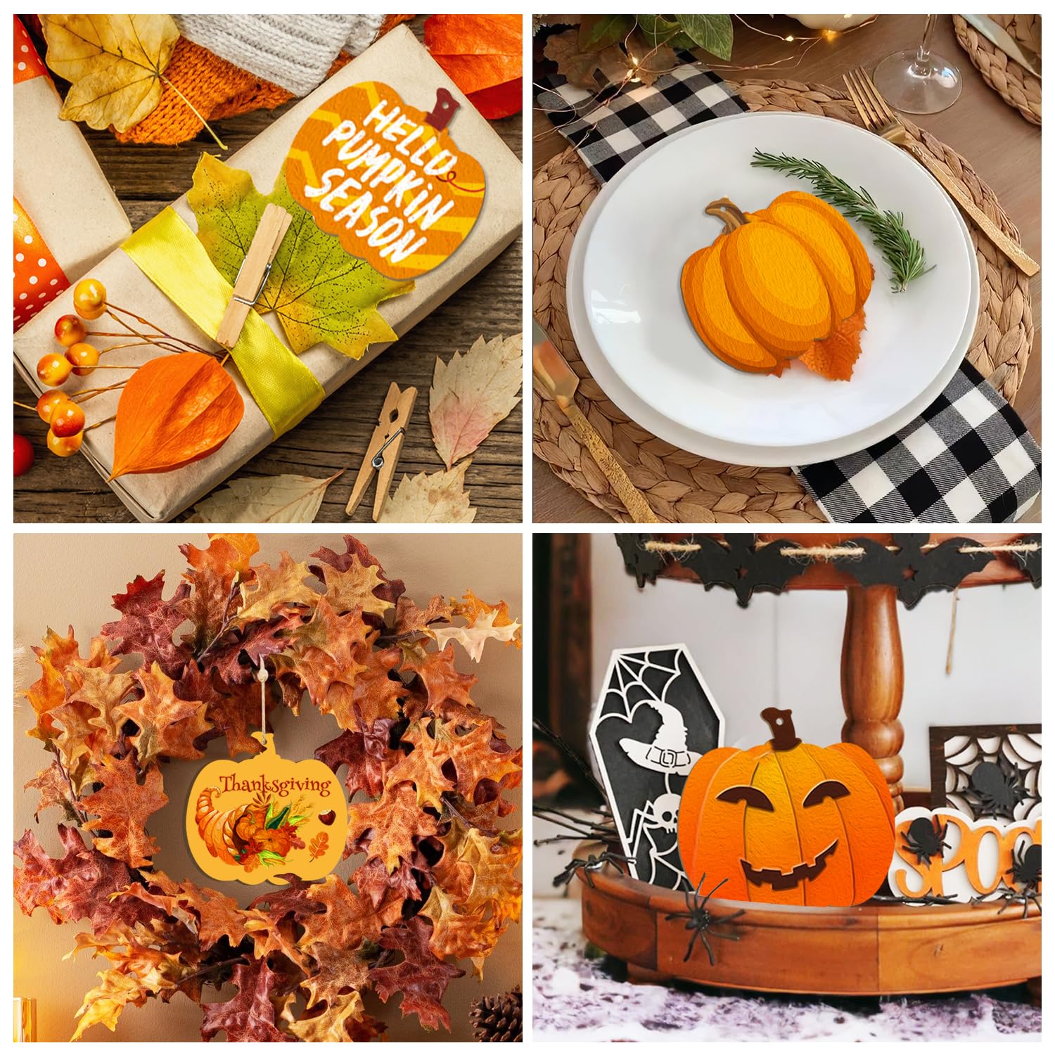 Collage of Halloween and autumn-themed decorations including a pumpkin, leaves, and decorative items.
