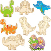 Set of colorful dinosaur-shaped wooden puzzles on a white background