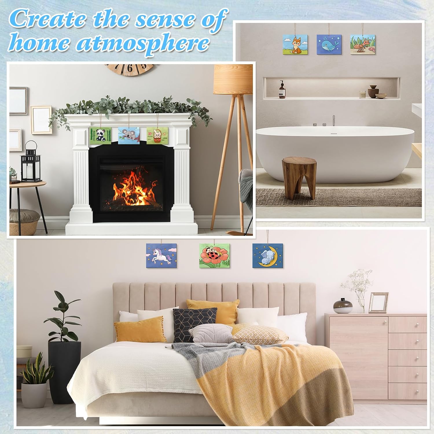 Collage of home decor elements including a fireplace, bathtub, and bedroom with decorative pillows.