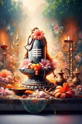 Decorative altar with religious symbols, flowers, and candles in a mystical setting