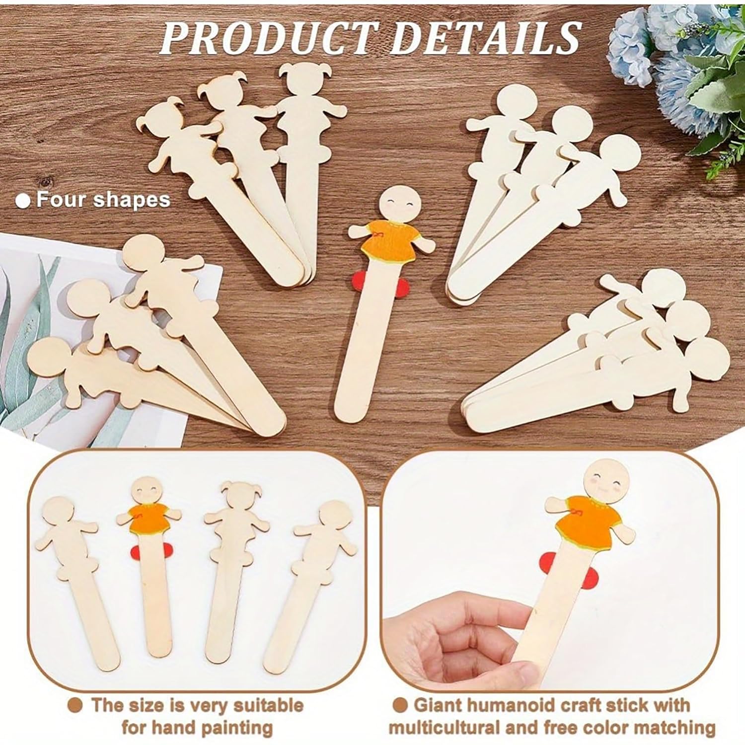 Wooden craft sticks shaped like humans on a wooden surface with text detailing product features.