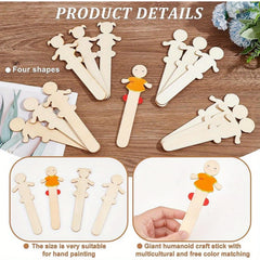 Wooden craft sticks shaped like humans on a wooden surface with text detailing product features.
