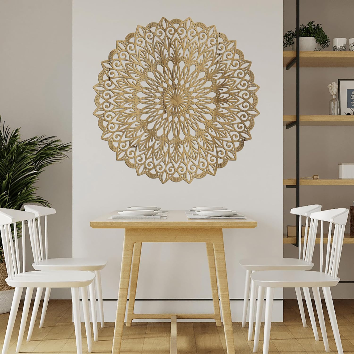 Dining room with a wooden table and chairs, and a decorative wall art piece.