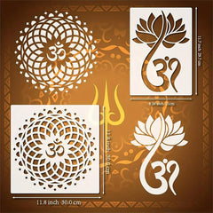 Set of decorative stencils with Om symbol and lotus design on a brown background
