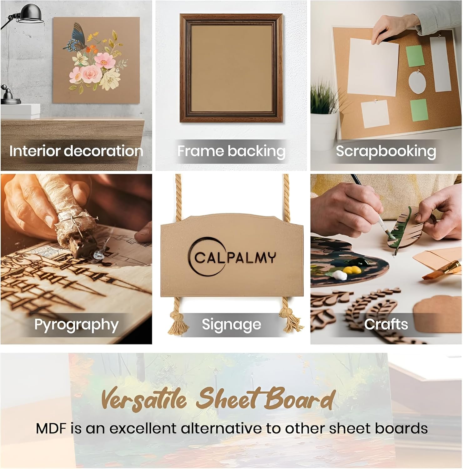Collage of various uses for Calpalmy MDF sheet board including interior decoration, frame backing, scrapbooking, pyrography, signage, and crafts.