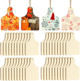 Set of wooden cutouts with various designs including floral, autumn leaves, and Christmas trees.