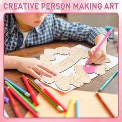 Child making art with wooden shapes and colored pencils on a table.
