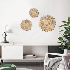 Decorative sunflower wall art on a white wall with a modern interior setting.