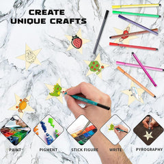 Set of colorful markers with examples of crafts on a marble surface