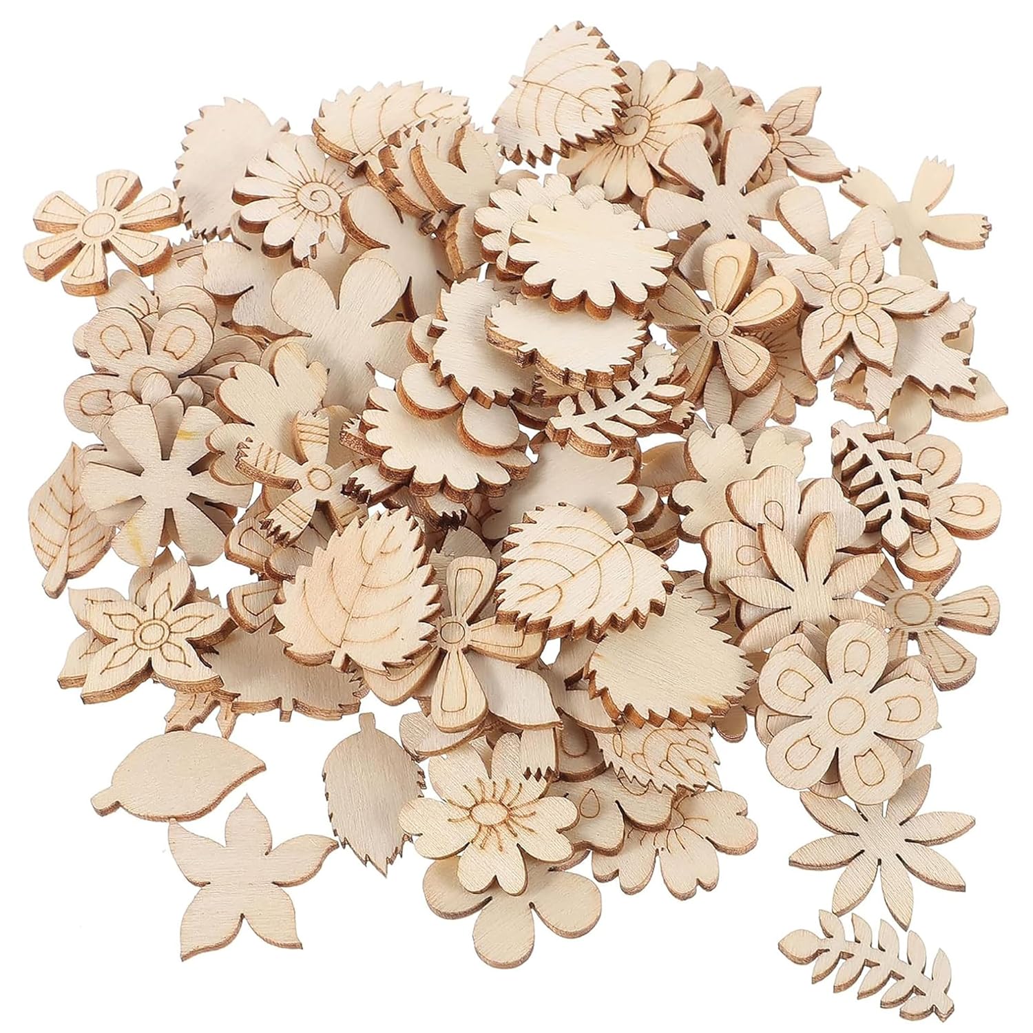 Assorted wooden floral and leaf shapes on a white background