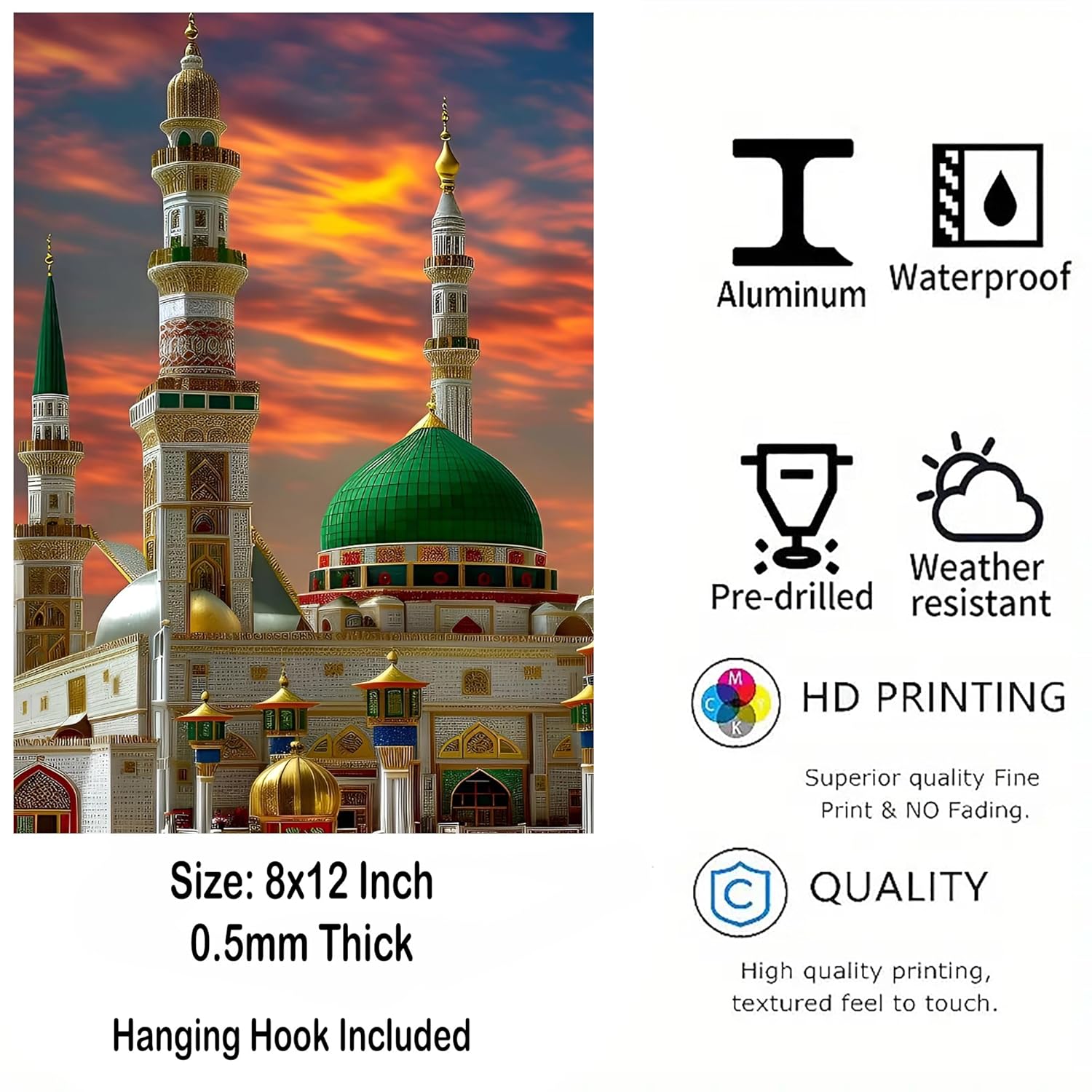 Decorative wall art of a mosque with sunset sky, featuring durability and quality attributes.