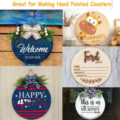 Collage of wooden signs with decorative elements and text, suitable for making hand-painted coasters.