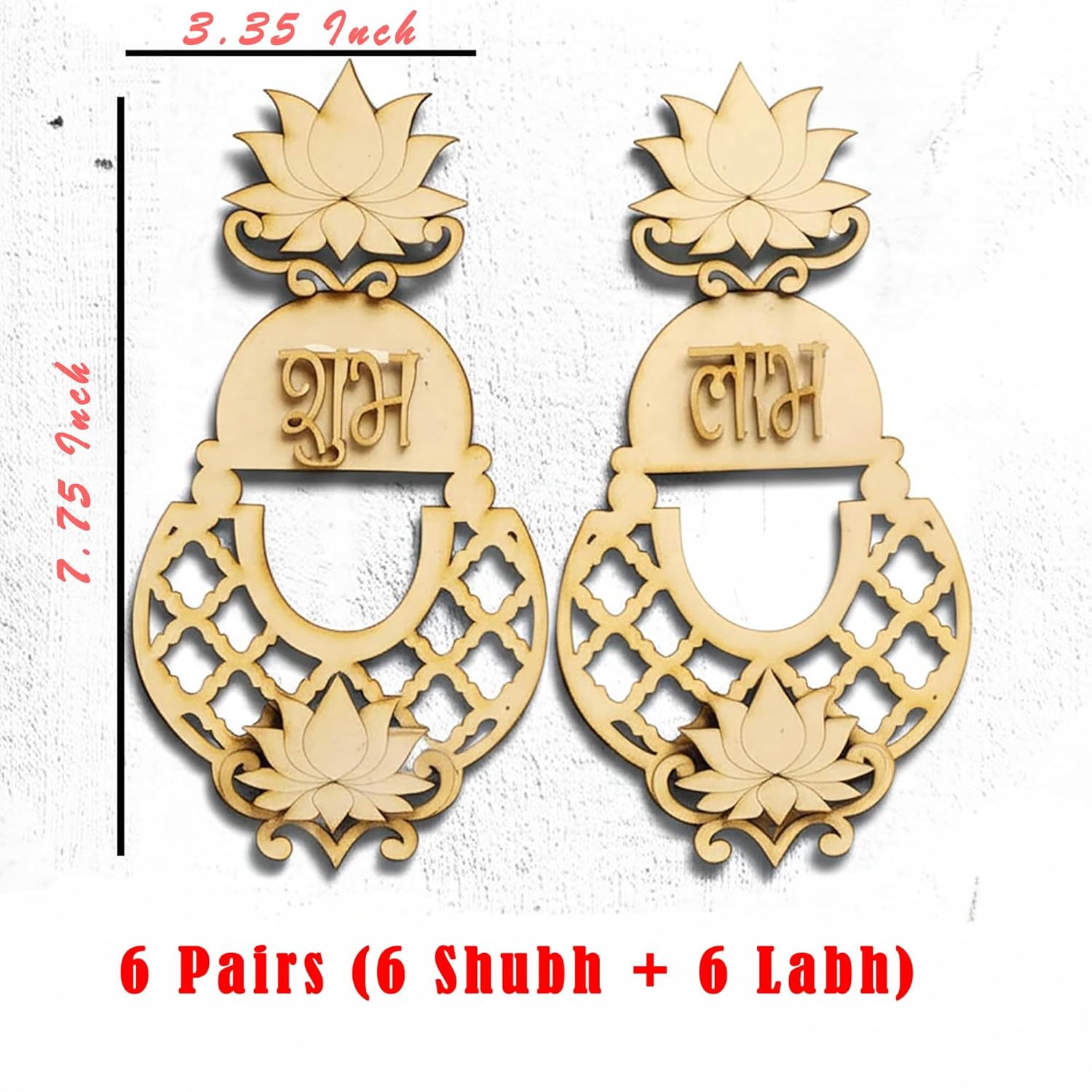 Pair of decorative earrings with lotus designs and text, shown with measurements on a white background.