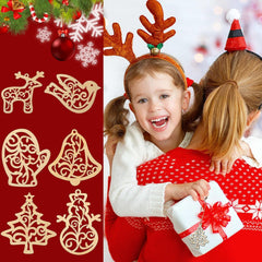 Two children in festive outfits with Christmas decorations on a red background featuring cut-out shapes.