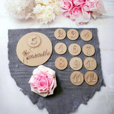 Wooden numbers on a textured fabric with flowers in the background