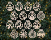 Set of Christmas-themed cut-out decorations on a green leafy background with lights.
