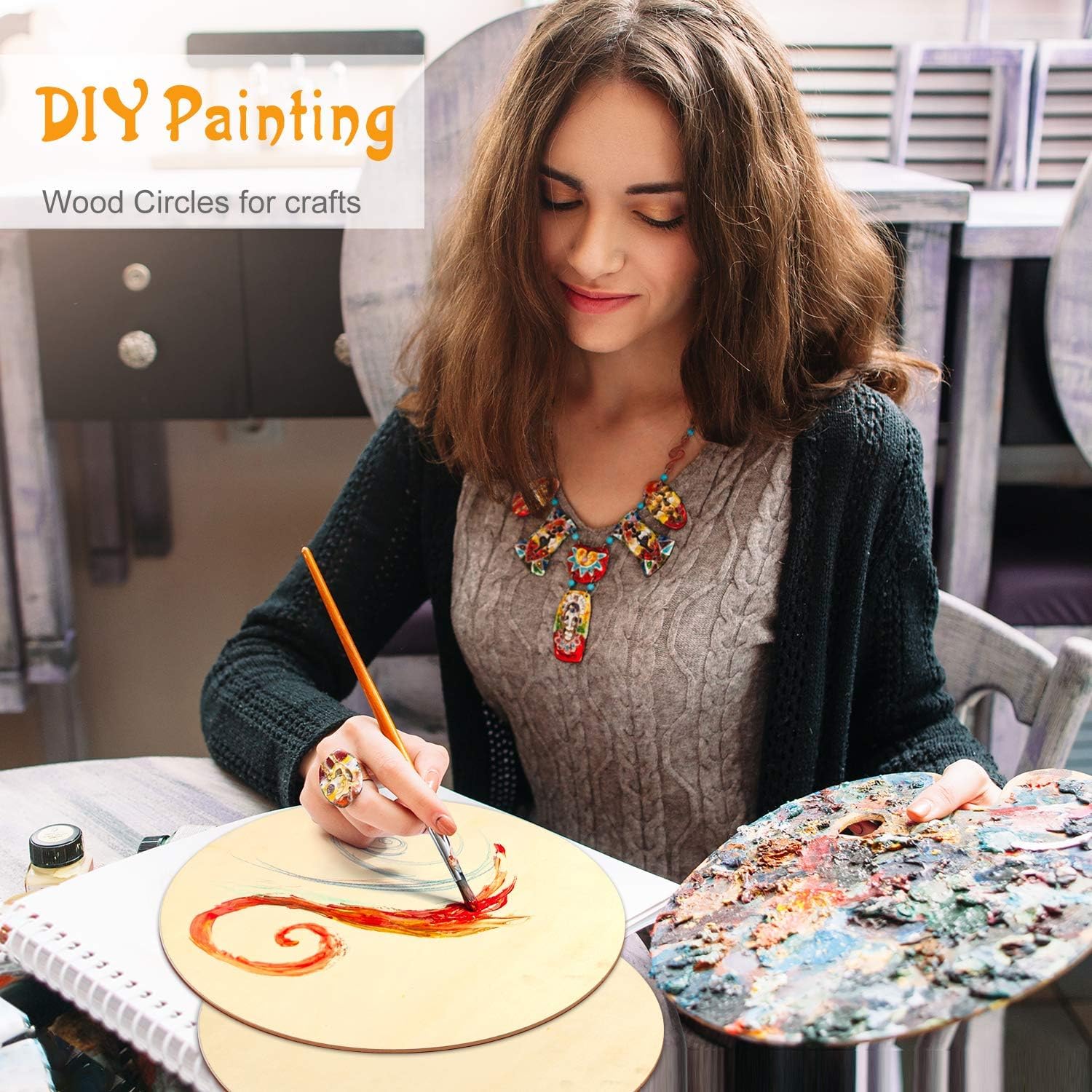 Woman painting on wood circles with a palette and brush, text 'DIY Painting Wood Circles for crafts' above.