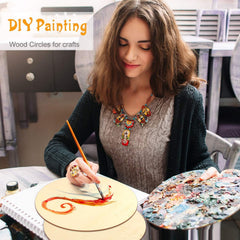 Woman painting on wood circles with a palette and paintbrush, text 'DIY Painting Wood Circles for crafts' above.
