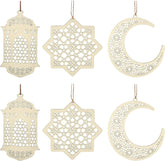 Set of six decorative metal ornaments with geometric patterns on a white background