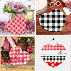 Set of heart-shaped decorative items with checkered patterns and 'love' text, surrounded by flowers.
