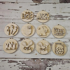 Set of wooden Easter-themed ornaments on a rustic wooden background