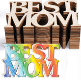 Wooden letters spelling 'BEST MOM' with a colorful version below on a white background