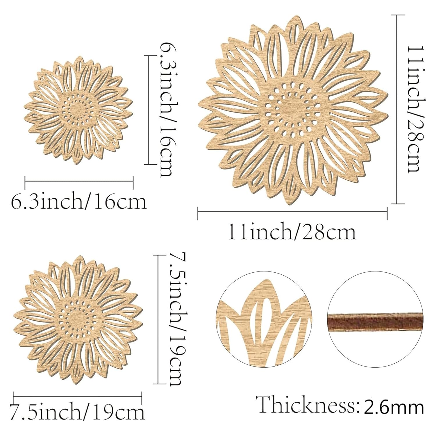 Wooden sunflower-shaped cutouts with measurements on a white background