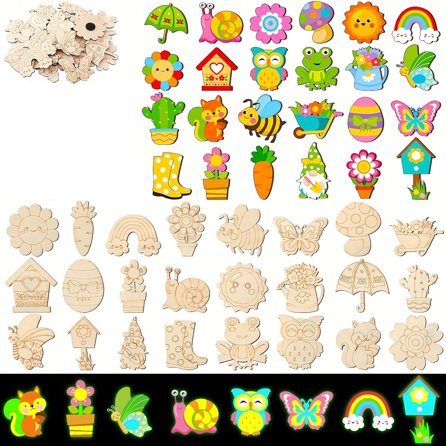 Assorted wooden cutouts of various shapes and colors on a white background