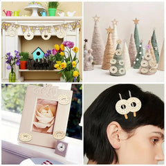Collage of decorative items including a photo frame, hair accessories, and small trees.