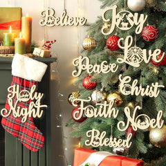 Decorative Christmas tree with wooden ornaments and a stocking on a fireplace.