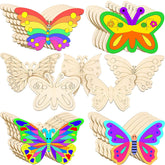 Set of colorful butterfly-shaped wooden toys on a white background