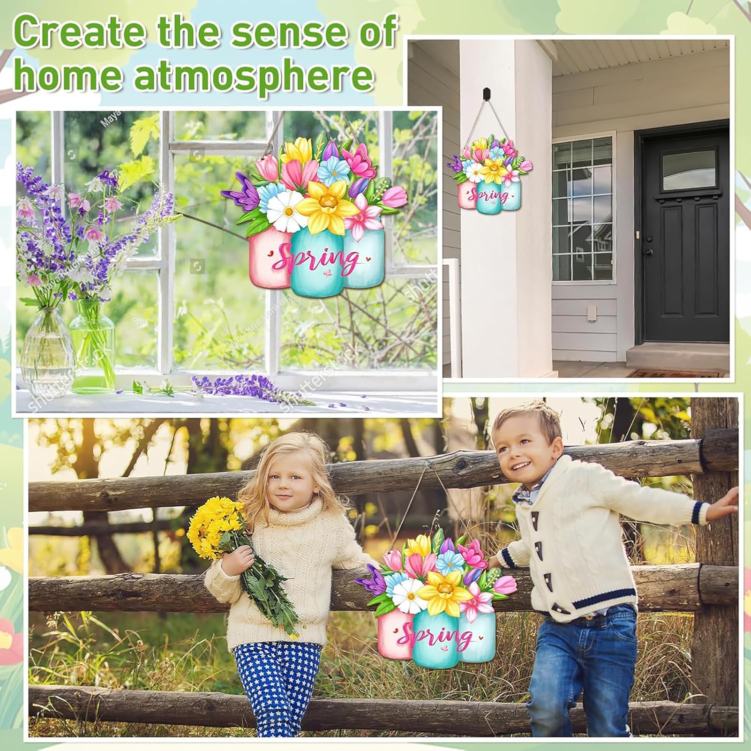 Decorative 'Spring' sign with flowers in jars in various settings including a window, outside a house, and with children.