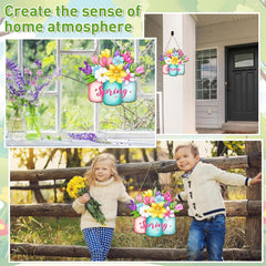 Decorative 'Spring' sign with flowers in jars in various settings including a window, outside a house, and with children.