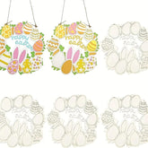 Set of Easter-themed paper cutouts including wreaths, eggs, and bunnies on a white background.