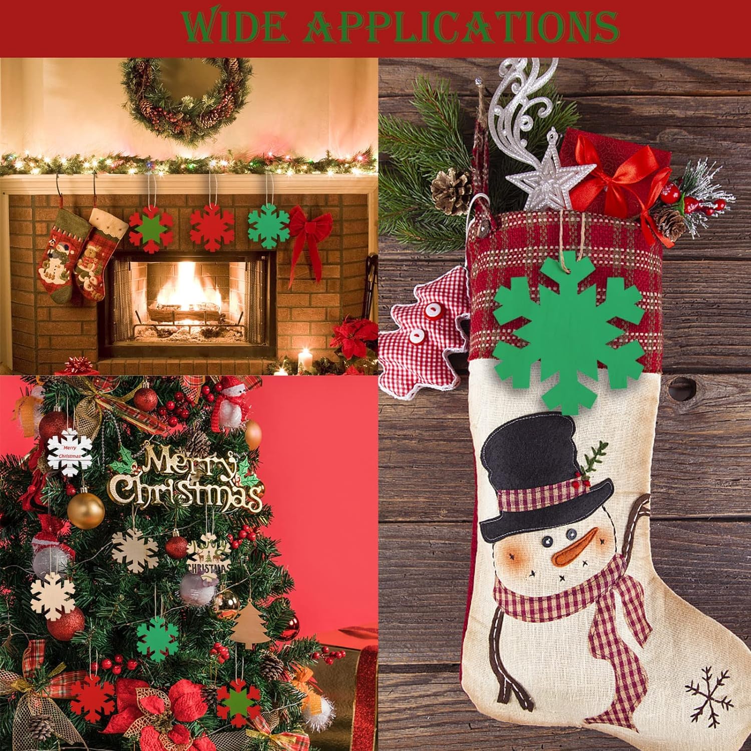Christmas stockings and decorations with a fireplace and tree in the background.