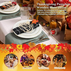 Thanksgiving-themed wooden plate decor with pumpkins and autumn leaves on a table setting.