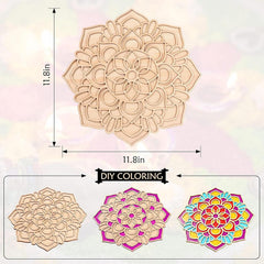 Wooden mandala template with measurements and color examples on a light background