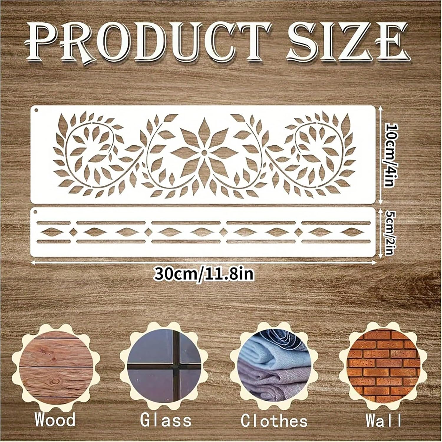 Decorative stencil with leaf pattern and measurement details on a wooden background