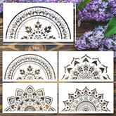 Set of decorative stencils with floral and mandala designs on a wooden surface with purple flowers.