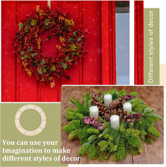 Two wreaths on a red door and a wooden surface with text about different styles of decor.