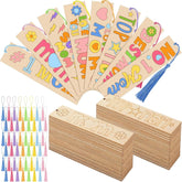 Set of wooden bookmarks with colorful text and tassels on a white background