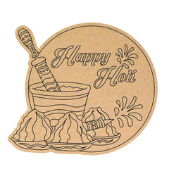 Cardboard coaster with a traditional Indian festival design featuring 'Happy Holi' text, a mortar and pestle, and colorful powder.