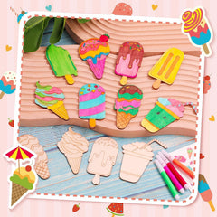 American Elm 32 Pcs Wooden Ice Cream DIY Unfinished Wood Cutouts Summer Arts & Crafts MDF Ice Cream Ornaments (Height 4.33 Inch)