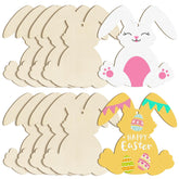 Unfinished wooden bunny shapes with pre-cut holes, decorated with colorful Easter designs.
