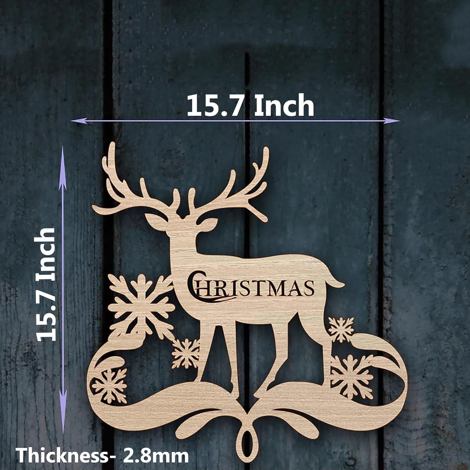 Wooden reindeer decoration with 'Christmas' text, measurements, and thickness details on a dark wooden background.