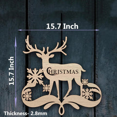 Wooden reindeer decoration with 'Christmas' text, measurements, and thickness details on a dark wooden background.
